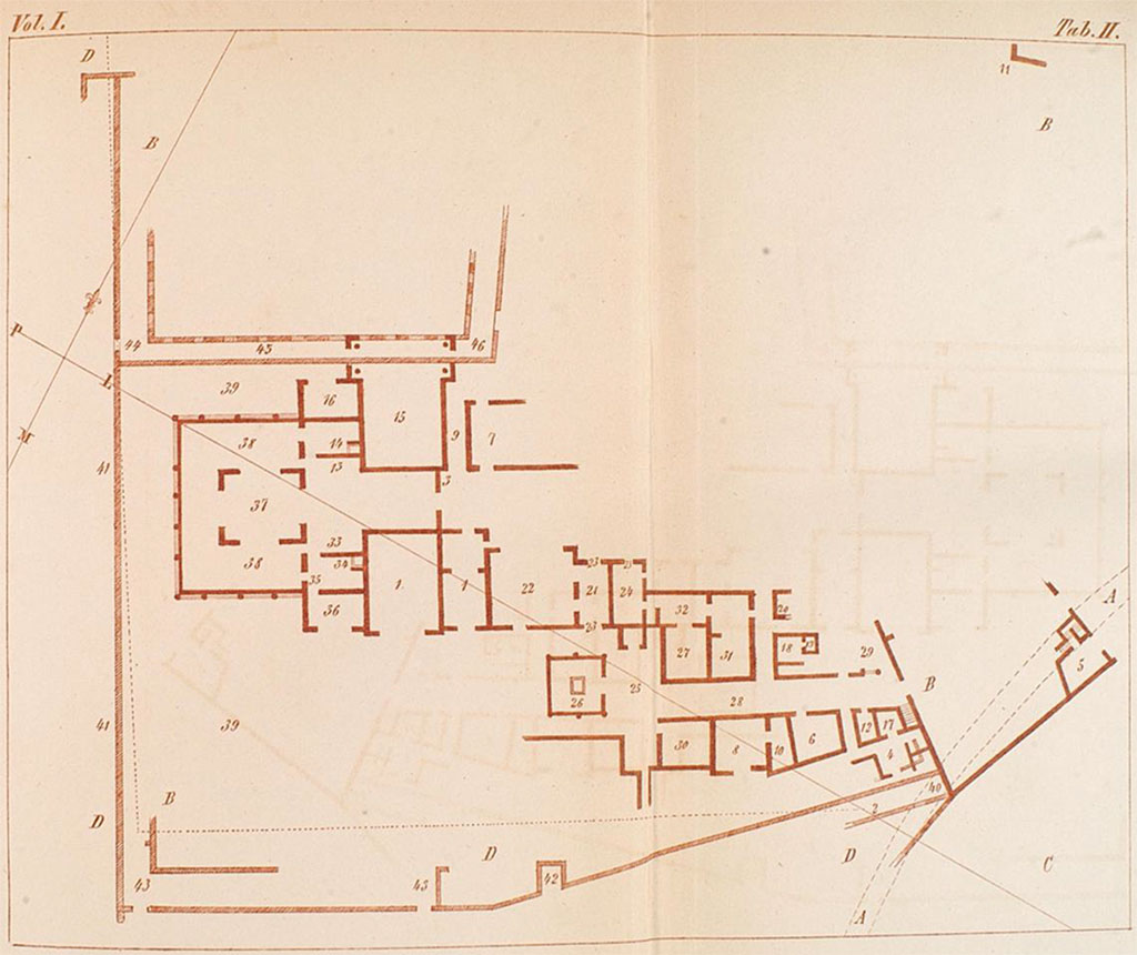 HGW06 Pompeii. Villa di Cicerone or Villa of Cicero. Plan c. 1778 by Francesco La Vega outlining the 46 areas described in the excavation report.
According to PAH, in the Giornale degli Scavi 1763-1790 of Francesco La Vega this was the �Casa pseudurbana poco distante dalla Porta della citt�, e relativamente alla stessa citt� verso occidente *. Resta tal fabbrica nel podere del Monastero de'PP. Celestini della Torre dell'Annunziata, censito ad Ignazio Russo, altramente Balzano�.
Questa casa vien detta volgarmente villa di Cicerone. Fu scavata e poi ricoperta. Veggansi i rapporti dell'Alcubierre sugli scavi della Civita in gennaio 1749.
See Fiorelli G., 1860. Pompeianarum antiquitatum historia, Vol. 1: 1748 - 1818, Naples, pp. 102-110, Tab II.
